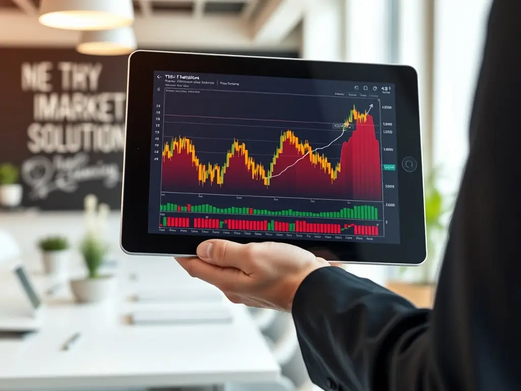 A person is interacting with a sophisticated trading platform on a tablet, showing real-time market data and analysis tools. The setting is a bright, modern office, highlighting the use of technology in trading.
