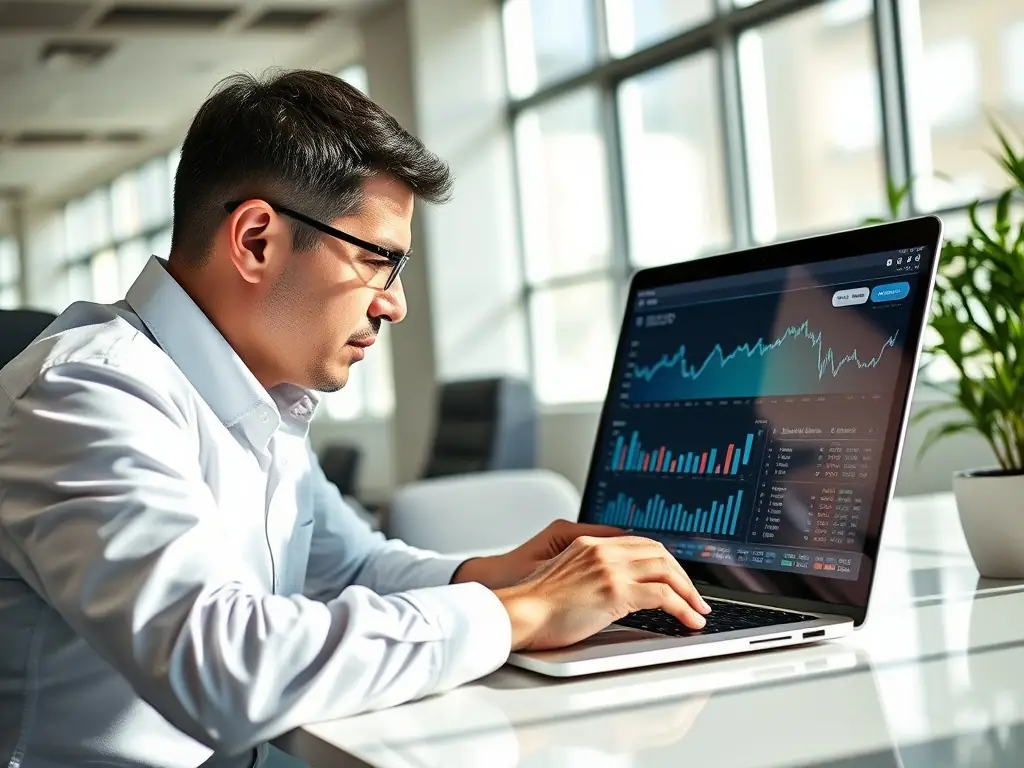 A focused professional investor is analyzing financial data on a computer screen, with charts and graphs visible, in a modern office setting. The scene emphasizes concentration and analytical skills.