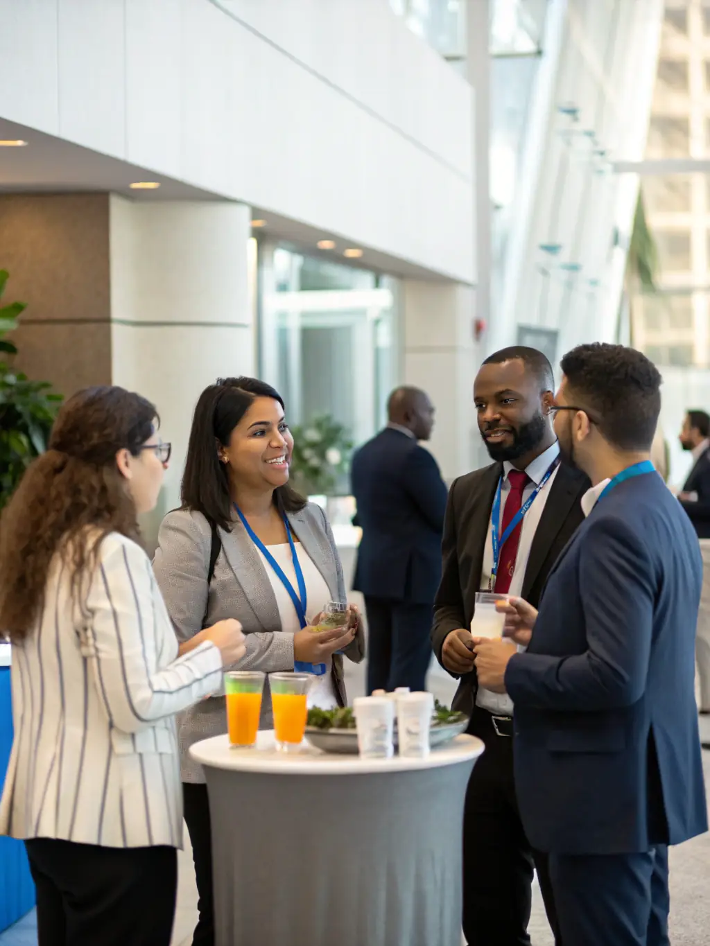 A diverse group of attendees networking during a coffee break at the finance conference in India.