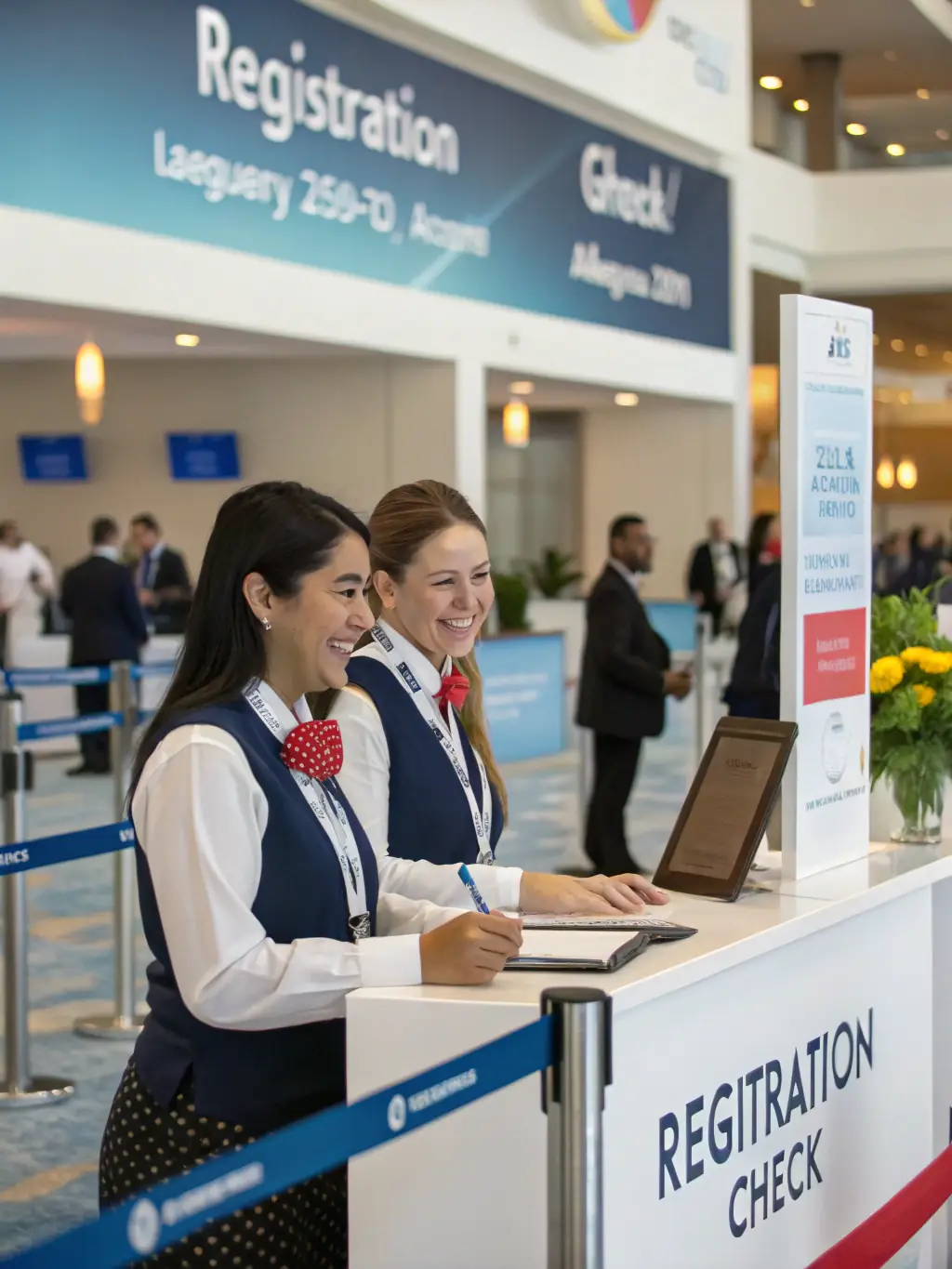 A registration booth at the finance conference in India, with staff assisting attendees with the check-in process.